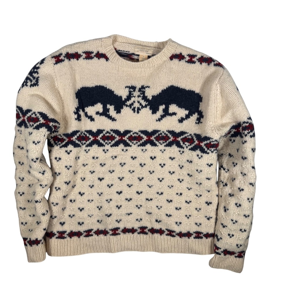 American Eagle Outfitters Lambswool Sweater Mens M Vtg Moose Fair Isle Nordic